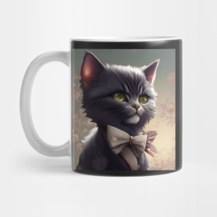 Elegant Grey and White Cat With an Grey Floral Bow Tie | White and grey cat with green eyes | Digital art Sticker Mug